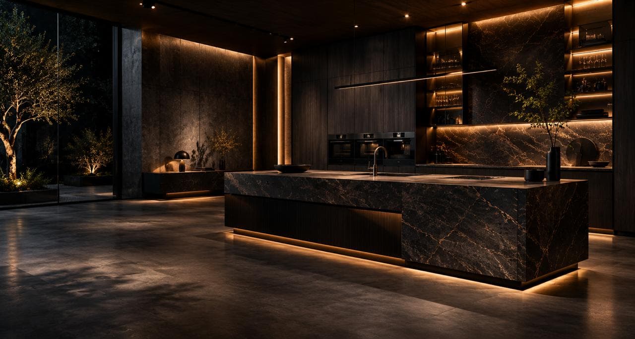 Intérieur sur mesure d'exception signé NEXOR — îlot monolithique en pierre sombre veinée, chêne fumé et lumière chaude cachée, éclairage architectural tamisé — maison de design intérieur à Oran